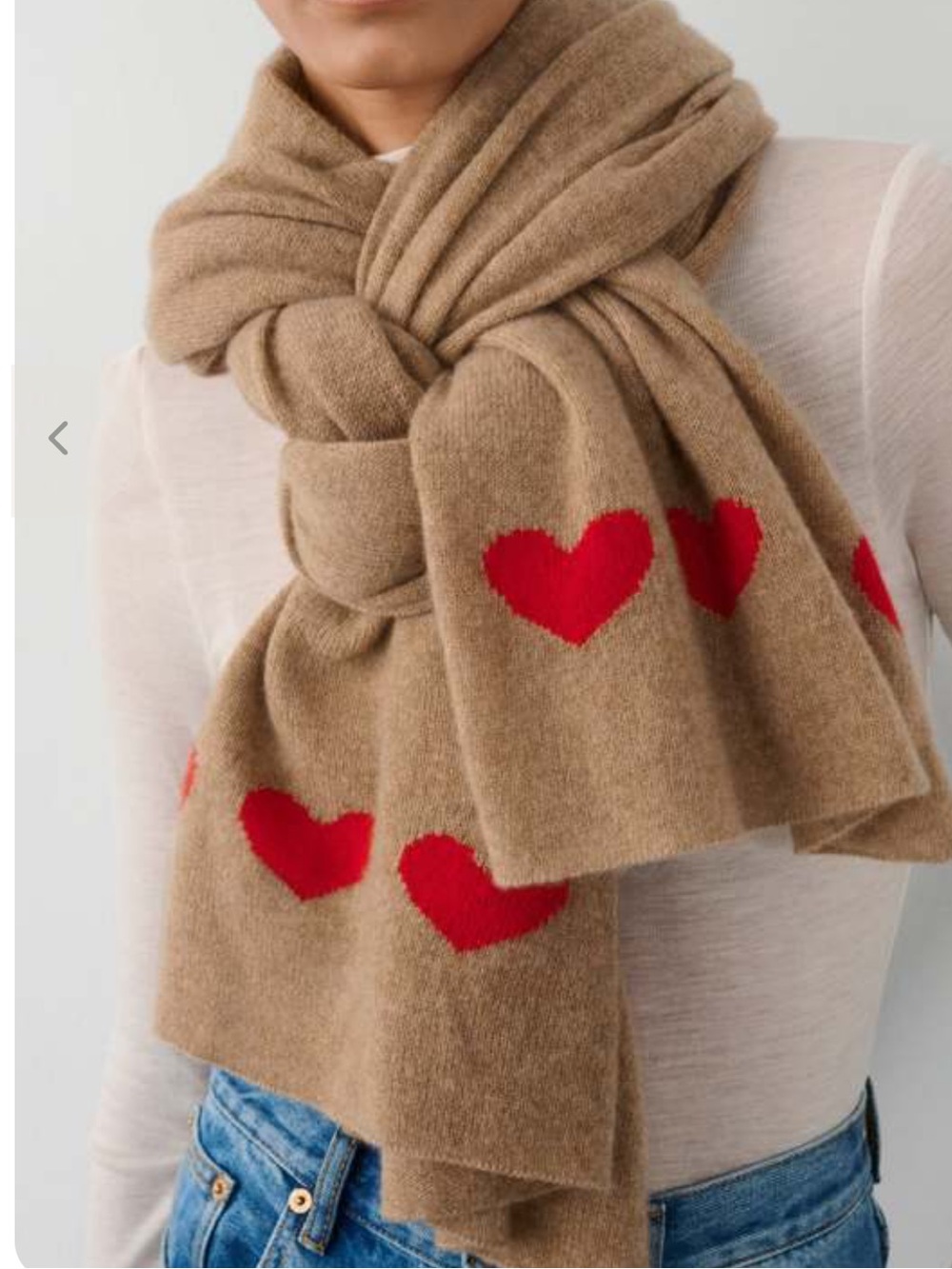 White + Warren Camel Scarf with Red Heart Motifs